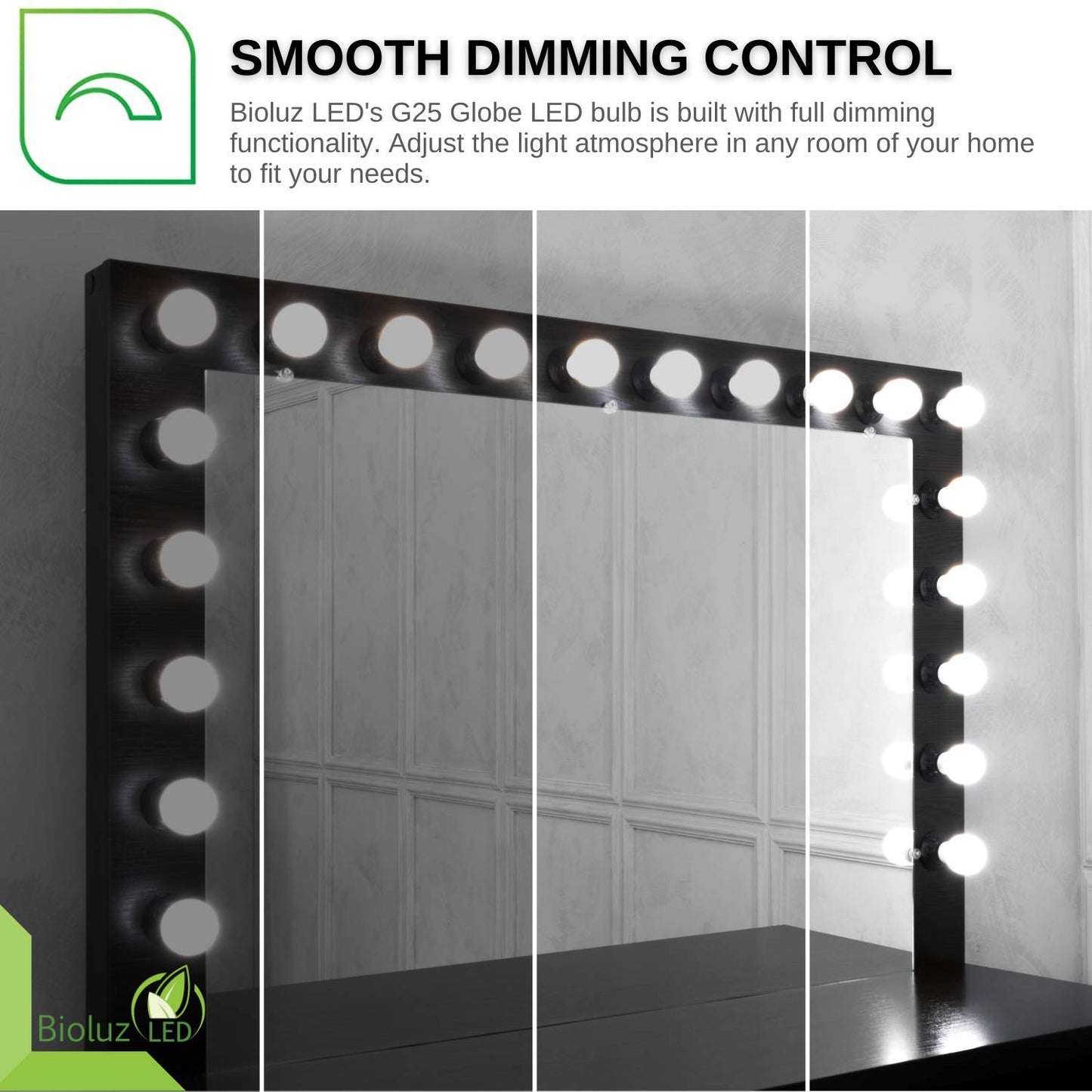 Bioluz LED G25 Globe Vanity Light Bulbs, 60W Equivalent, 2700K Warm White, 90 CRI, 450 Lumens, Dimmable, E26 Base - Bathroom Mirror Lighting 6 Pack