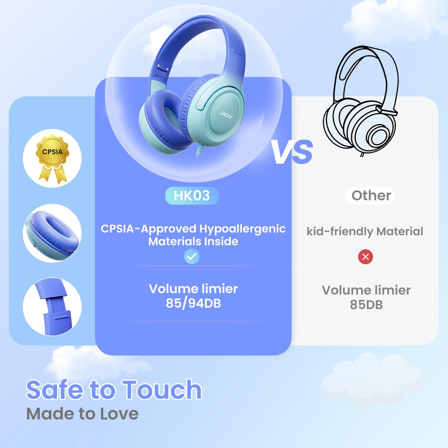 Acer Kids Headphones for School, 85-94dB Limiter, 3.5mm Jack, w/Mic HK03