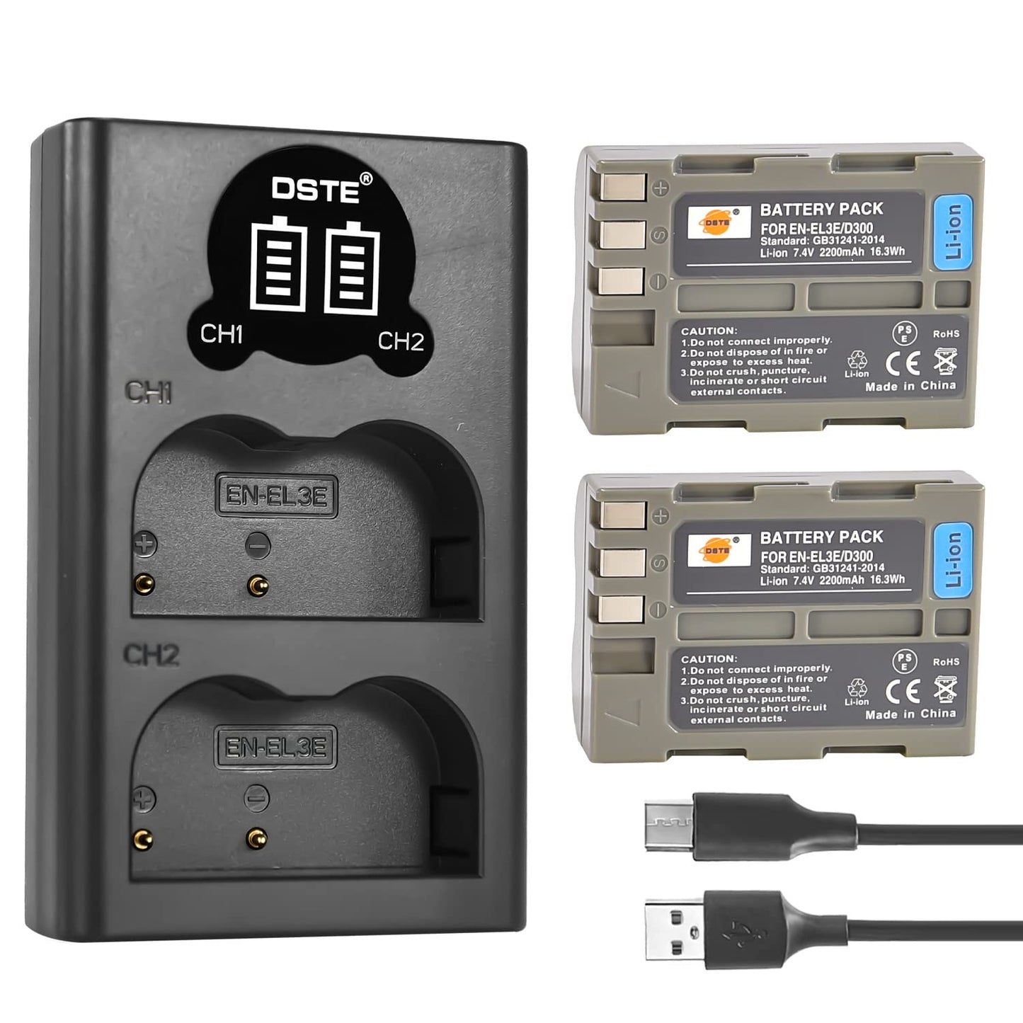 DSTE 2 x EN-EL3E Battery + Dual USB Charger Compatible with Nikon D70 D70S D80 D90 D100 D200 D300 D300S D700 Digital Camera