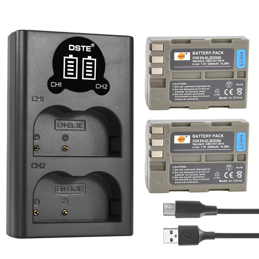DSTE 2 x EN-EL3E Battery + Dual USB Charger Compatible with Nikon D70 D70S D80 D90 D100 D200 D300 D300S D700 Digital Camera