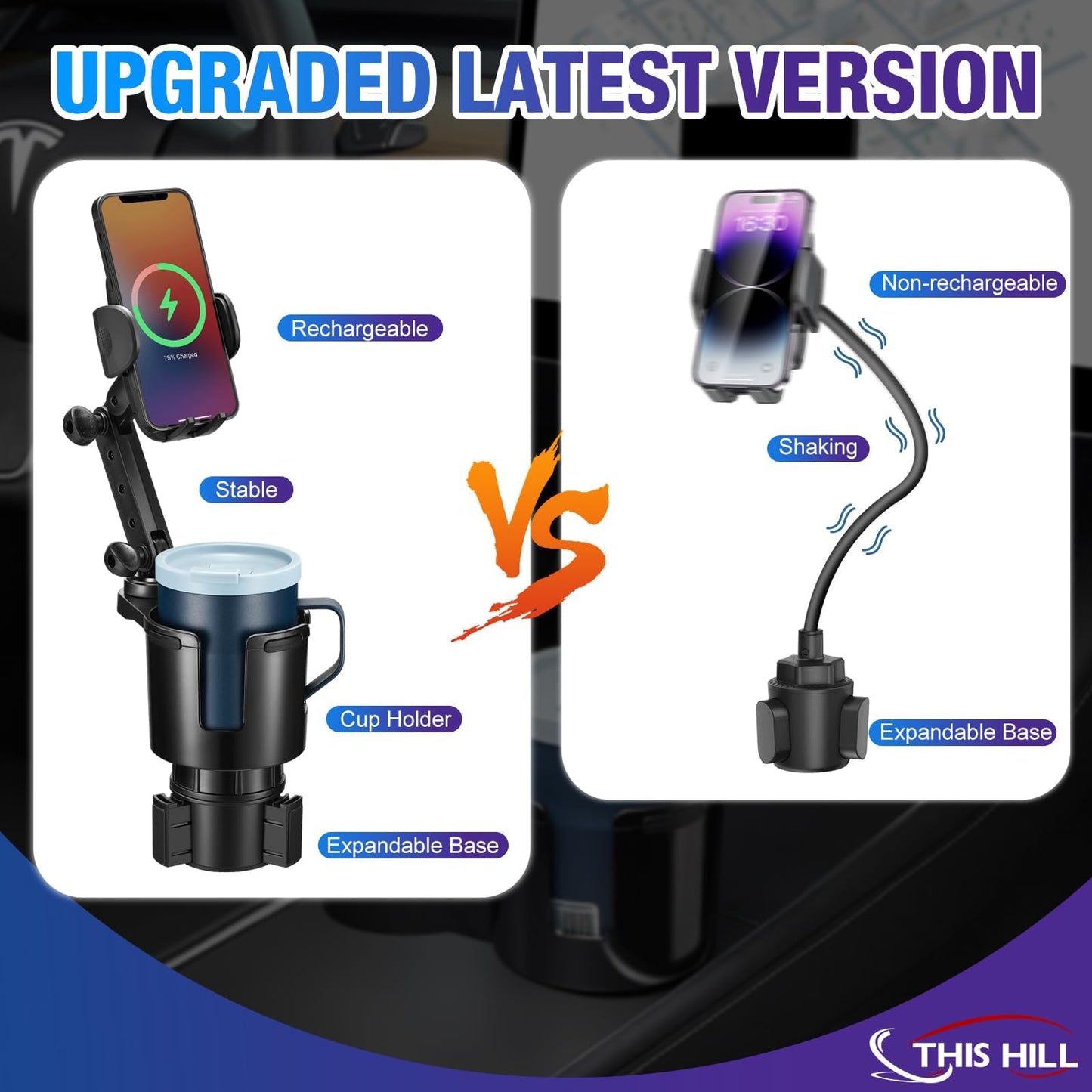 This Hill Cup Holder Phone Charger, 15W Fast Charging Auto Clamping, Phone Holder for Cup Holder Charger with Adjustable Base & 360° Rotation