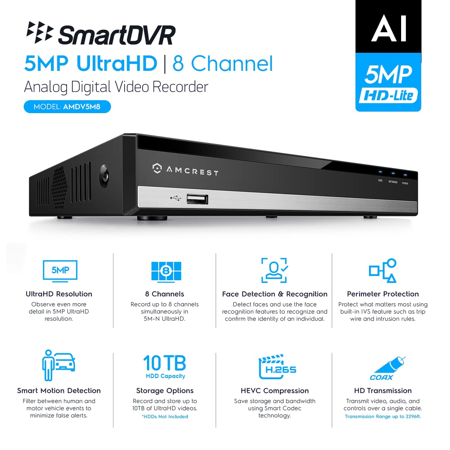 Amcrest 5MP UltraHD 8 Channel DVR Security Camera System Recorder, 5MP Security DVR for Analog Security Cameras, Remote Smartphone Access, HDD