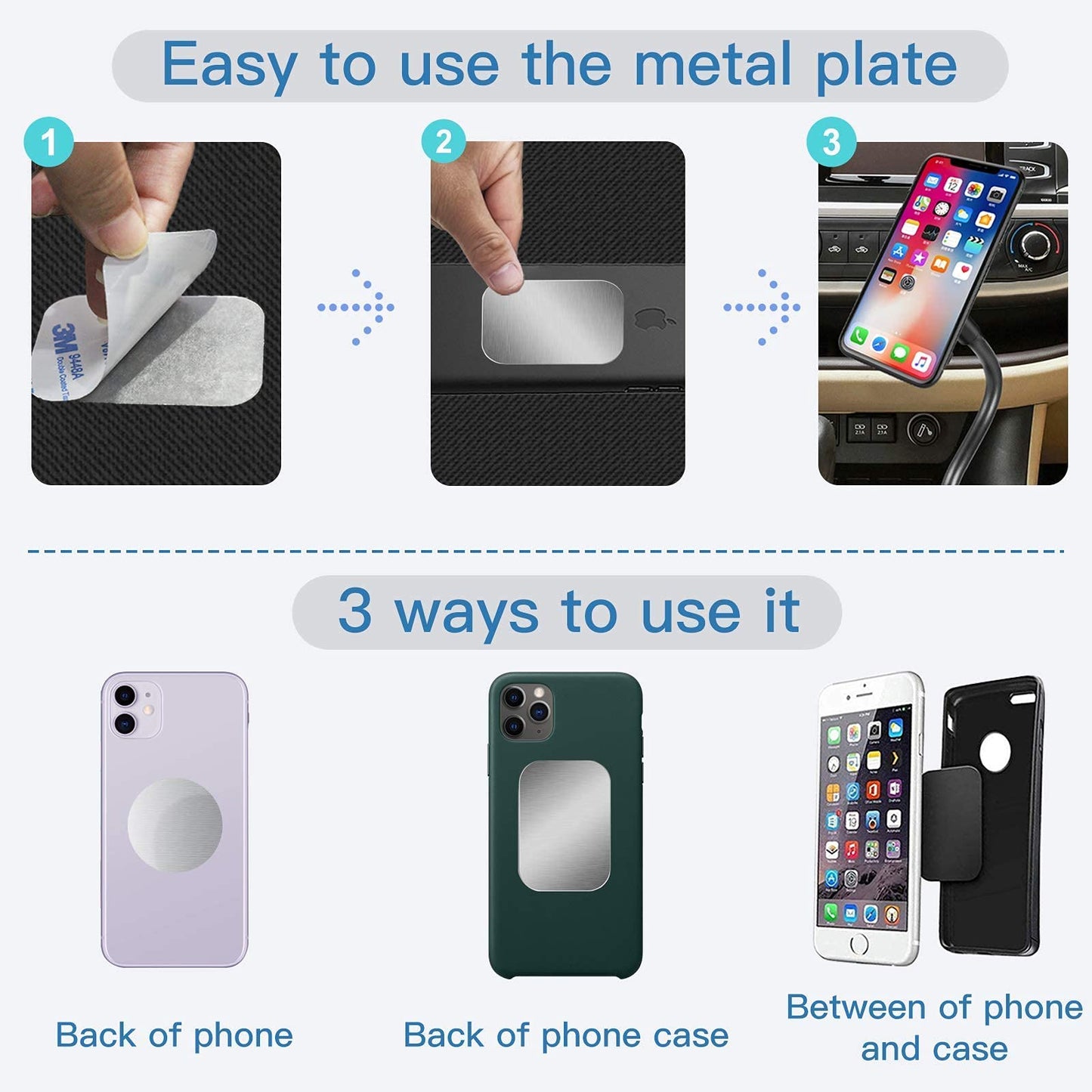 Replacement Metal Plates Set 16 Pack for Magnetic Car Phone Holders, Wall, Air Vent Mounts, Cases, Magnets. Kit of 8 Silver Round and 8 Rectangular