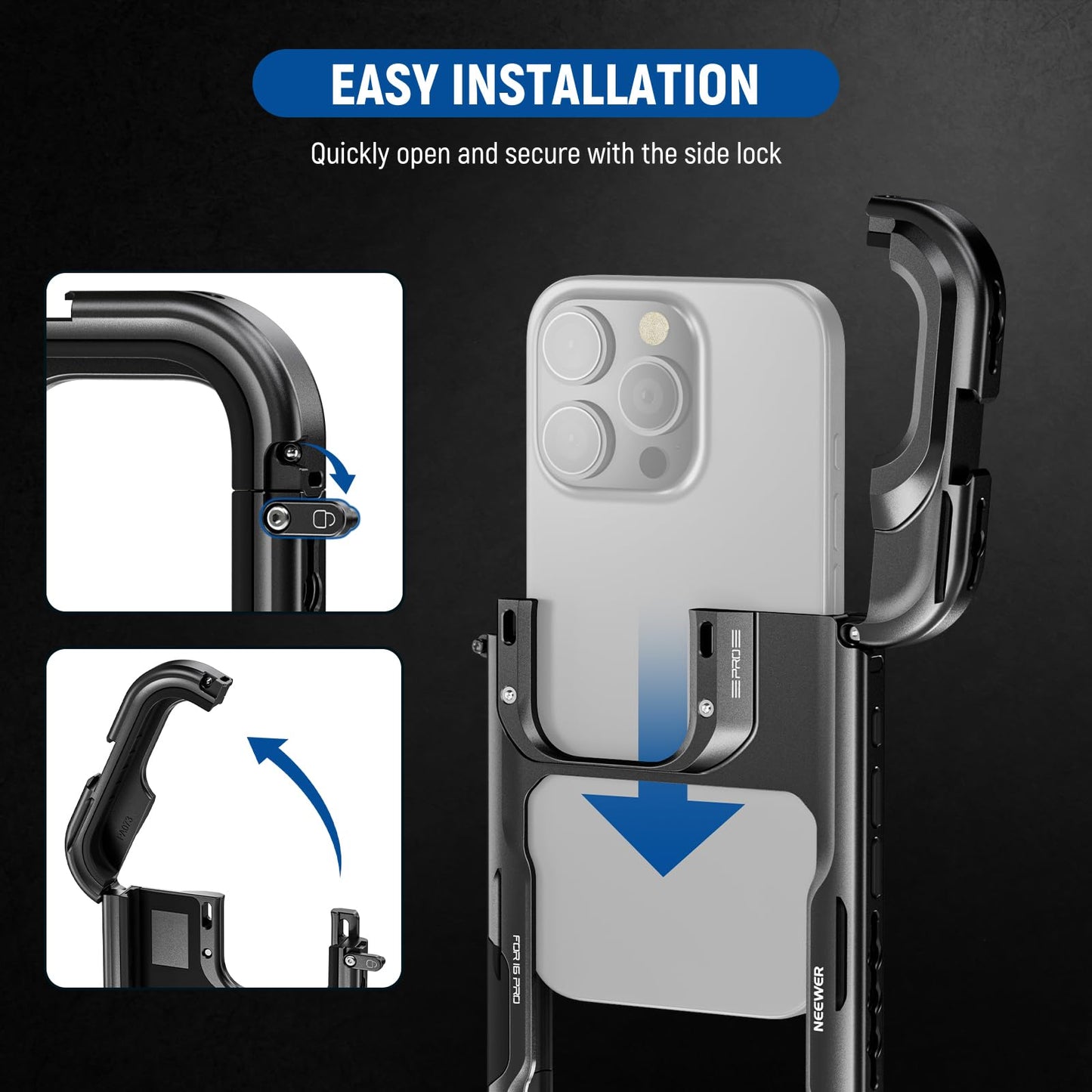 NEEWER 16 Pro Cage, Quick Release Video Rig Phone Stabilizer Compatible with iPhone 16 Pro with 67mm Filter Adapter, 17mm Lens Backplate, T Mount Lens
