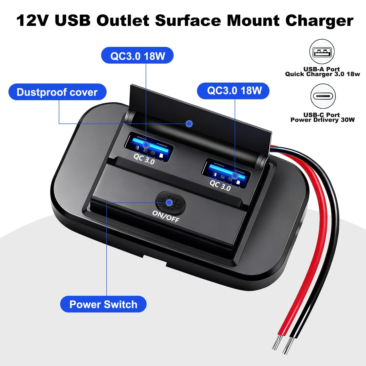 DAESENN 12V Flush Mount USB Charger with Power Switch, Multi-Port Car Charger for RV, Boat, Car, Bus, ATV, Motorcycle - Panel Mount Charging