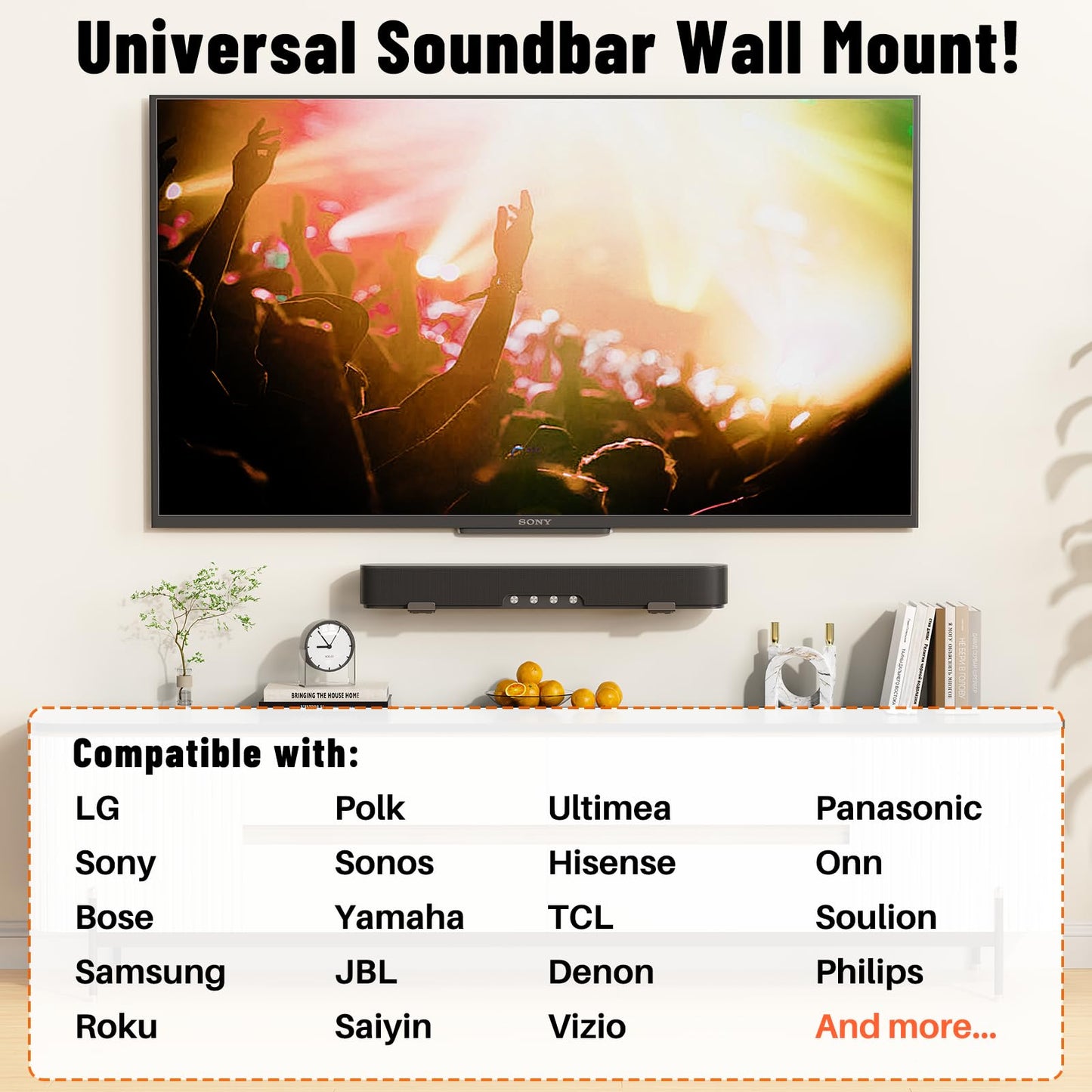 BYMECOST Universal Soundbar Wall Mount Bracket, Metal Soundbar Shelf Compatible with Depth from 3.3"-6.1", Soundbar Mount Under TV or Above TV, Holds