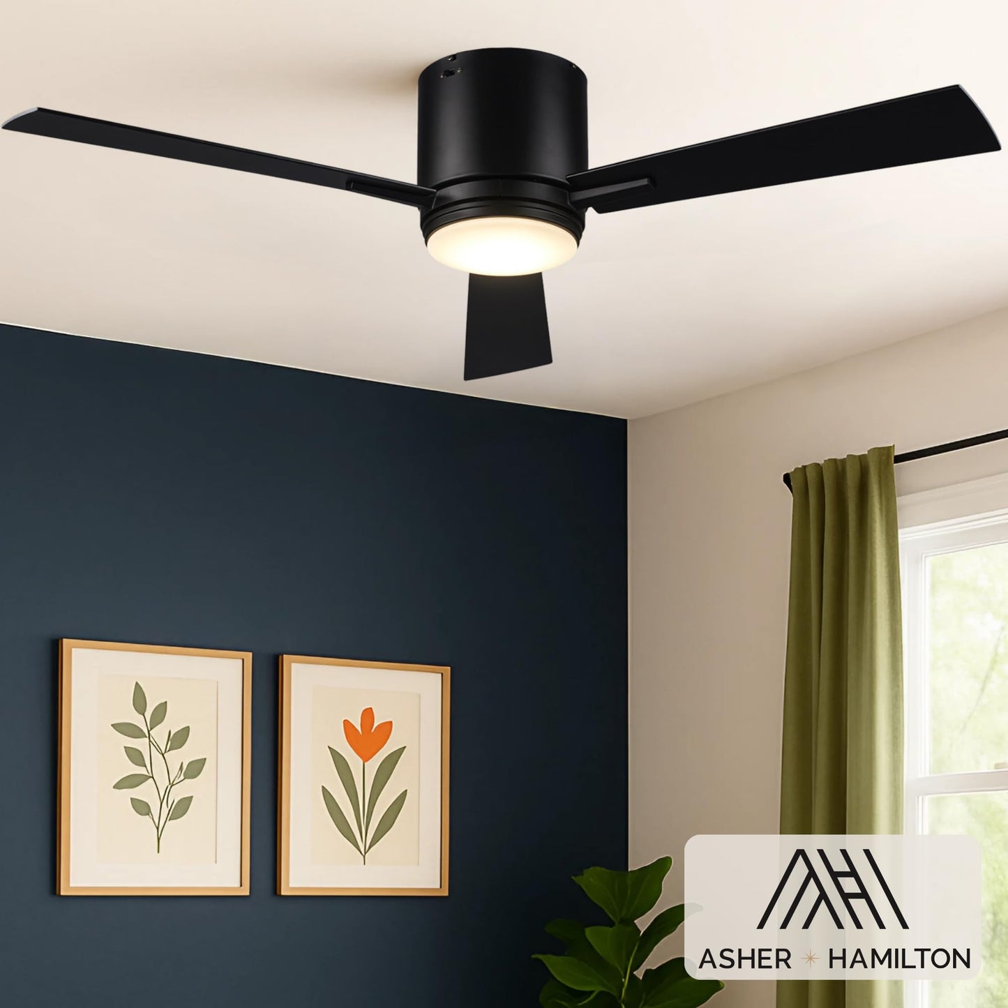 Asher Hamilton AHF-213BK Vero 52 Inch Low Profile Indoor Ceiling Fan | Integrated LED 22 Watts 1160 Lumens 3000K | 3 Blade Flush Mount Design |