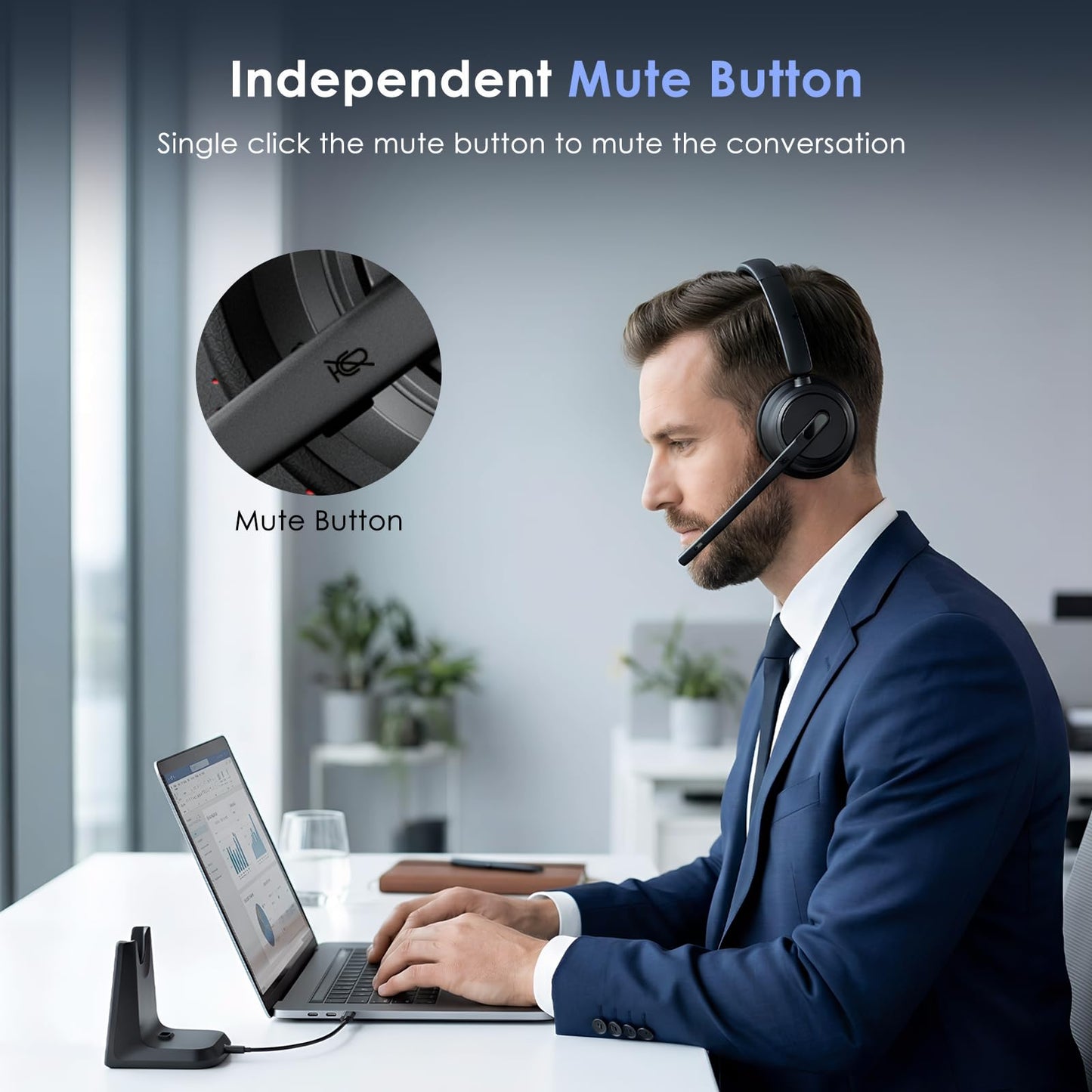 Mopchnic Wireless Headset with Noise Cancelling Microphone, On-Ear Bluetooth Headset with USB Dongle, Mute Function & Charging Base, Wireless