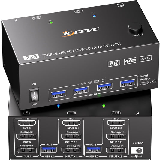 KVM Switch 3 Monitors 2 Computers 8K@60Hz, Camgeet HDMI Displayport KVM Switch Triple Monitor for 2 Computer Share 3 Monitor and 4 USB3.0