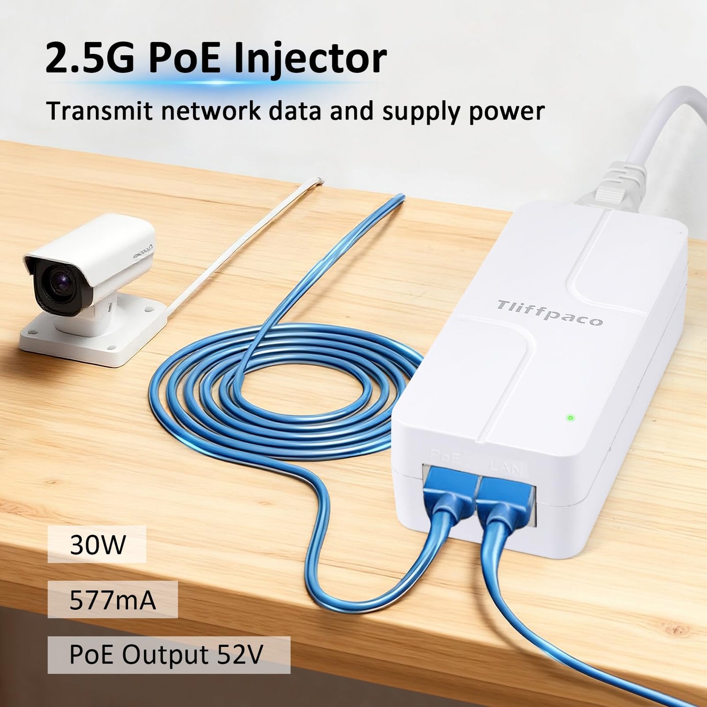 Tliffpaco PoE+ Injector 2.5Gb, Converts Non-PoE to PoE, 100/1000/2500Mbps and 802.3at/af Compliant, Plug & Play, Up to 100m(328 ft), 52V 30W PoE