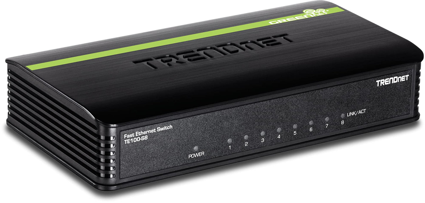 TRENDnet 8-Port Unmanaged 10/100 Mbps GREENnet Ethernet Desktop Switch, TE100-S8, 1.6 Gbps Switching Capacity, Plastic Housing, Network Ethernet