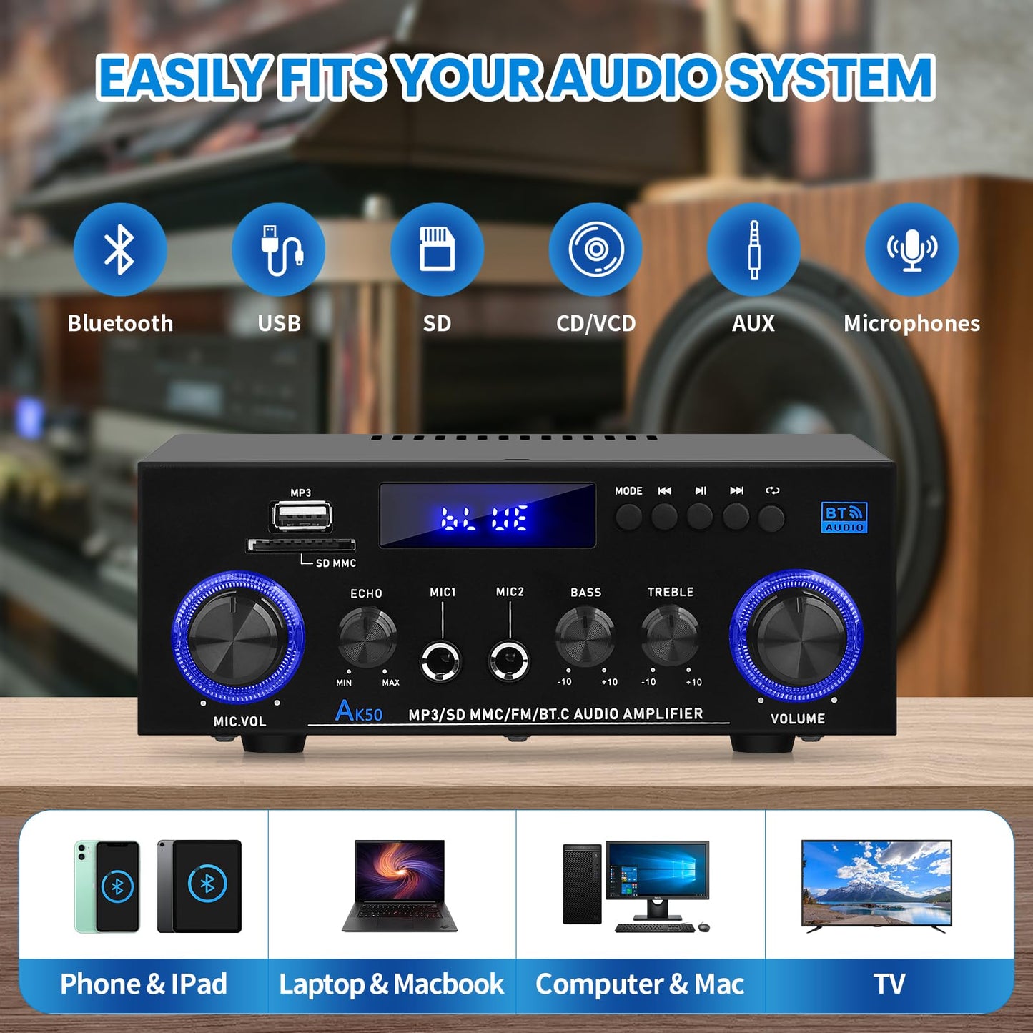AK50 Amplifier Home Audio, 400W Home 2 Channel Bluetooth 5.0 Power Receivers Amp Subwoofer Output,Mini Speaker FM Radio,USB/SD Card/Aux/Mic in