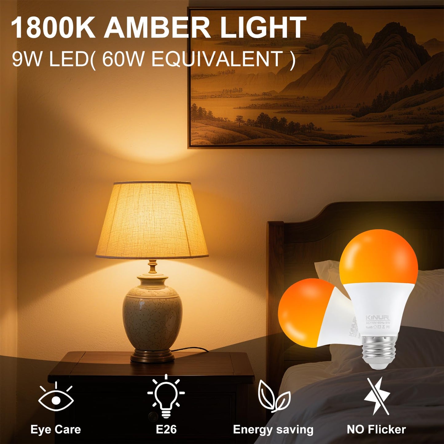 KINUR LED Amber Light Bulbs, A19 9W(60W Equivalent) 1800K E26 A19 Amber Soft Light Bulbs Warm Light for Bedroom, Healthy Sleep, Baby Nursery Light