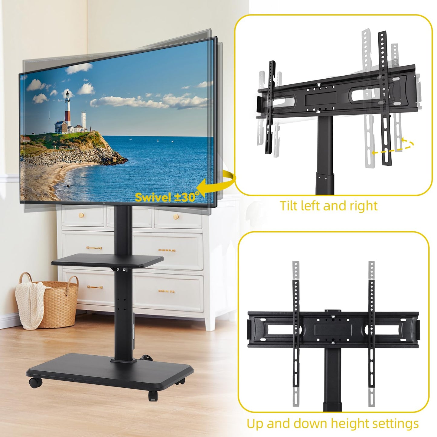 FAHKNS Mobile TV Stand with Power Outlet, Rolling TV Cart on Wheels, Mobile TV Cart for 32-70 inch TVs up to 88 lbs, Height Adjustable Portable TV