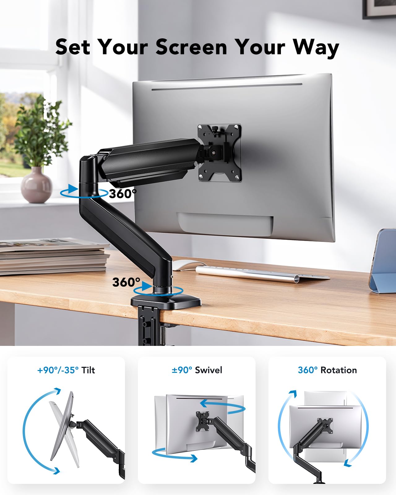 HUANUO Single Monitor Mount, Adjustable Monitor Arm for 13-34 Inch Screen Up to 22lbs, C-Clamp & Grommet Base, Ergonomic Stand for Work and Gaming