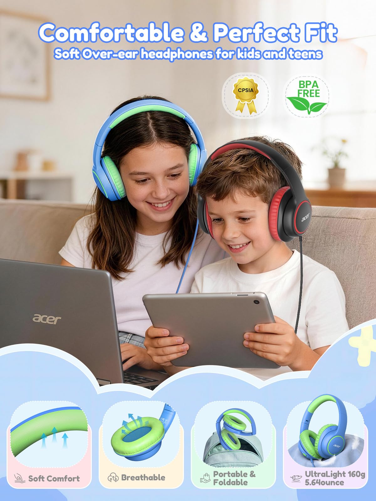 Acer OHW328 Kids Headphones Wired for School - Over Ear Design