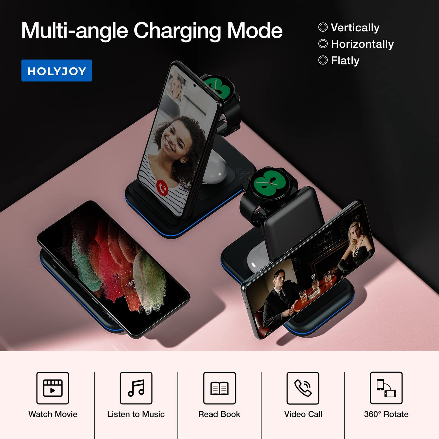 Wireless Charger for Samsung/Android, HOLYJOY Foldable 3 in 1 Fast Charging Station/Stand/Multi Charger for Samsung S25 Ultra/S24/Note 20, Travel Pad