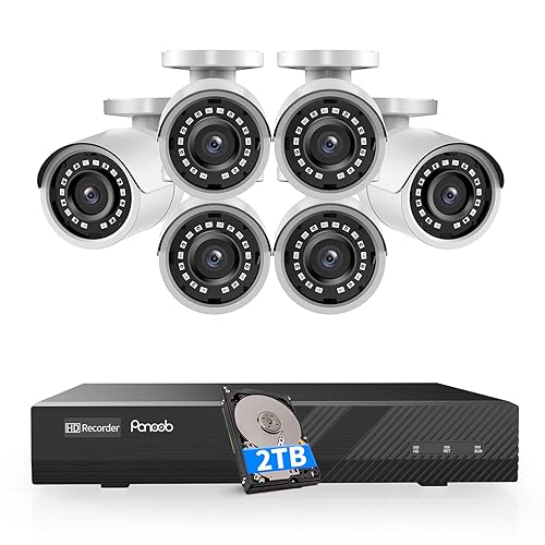 PANOOB NVR Security Camera System 5MP, 6pcs Outdoor Wired Bullet IP PoE Cameras w/Mic, AI Person Detection, 4K/8MP 8 Channel NVR with 2TB HDD, 110?