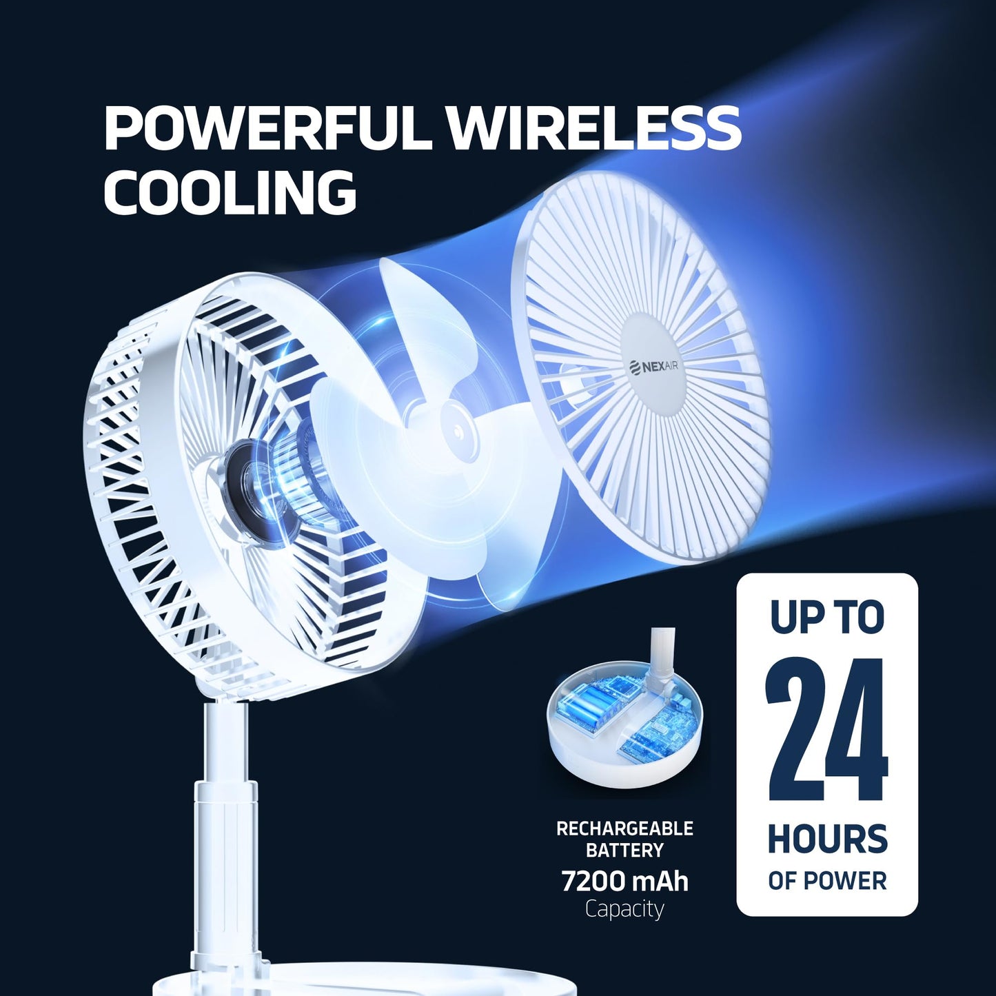 NEXAIR Premium 8" Foldable 4 Speed Portable Fan with Adjustable Height 14” - 39.5 in, Rechargeable Folding Fan For Home And Office, Quiet Floor Fan