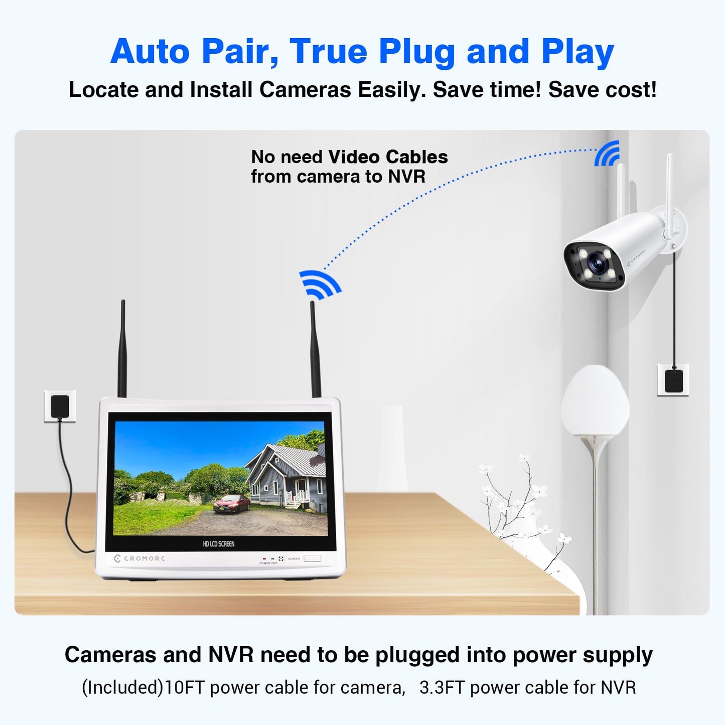 Cromorc Expandable 16CH NVR Wireless Security Camera System with 12.5" Monitor, 4PCS 5MP Surveillance Camera Human Detection, Spotlight, Siren Alarm