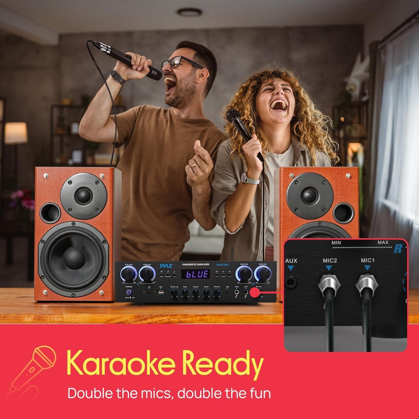 Pyle Home Stereo Receiver with Bluetooth - 4 Channel Amplifier, 800 Watt Max, USB-A Input w MP3 Player, Easy Karaoke Setup with Mic Vol, Reverb