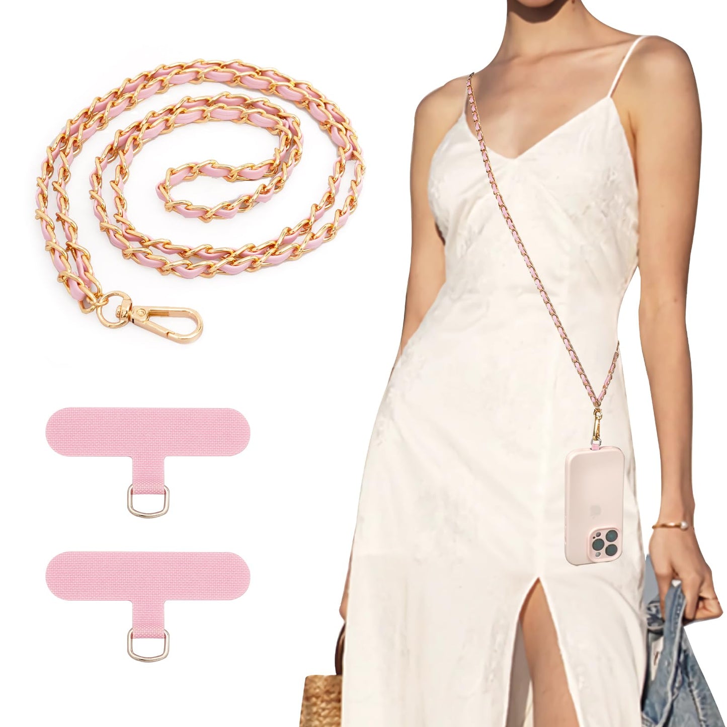 TiMOVO Phone Lanyard Metal Chain Crossbody, Gold & Pink
