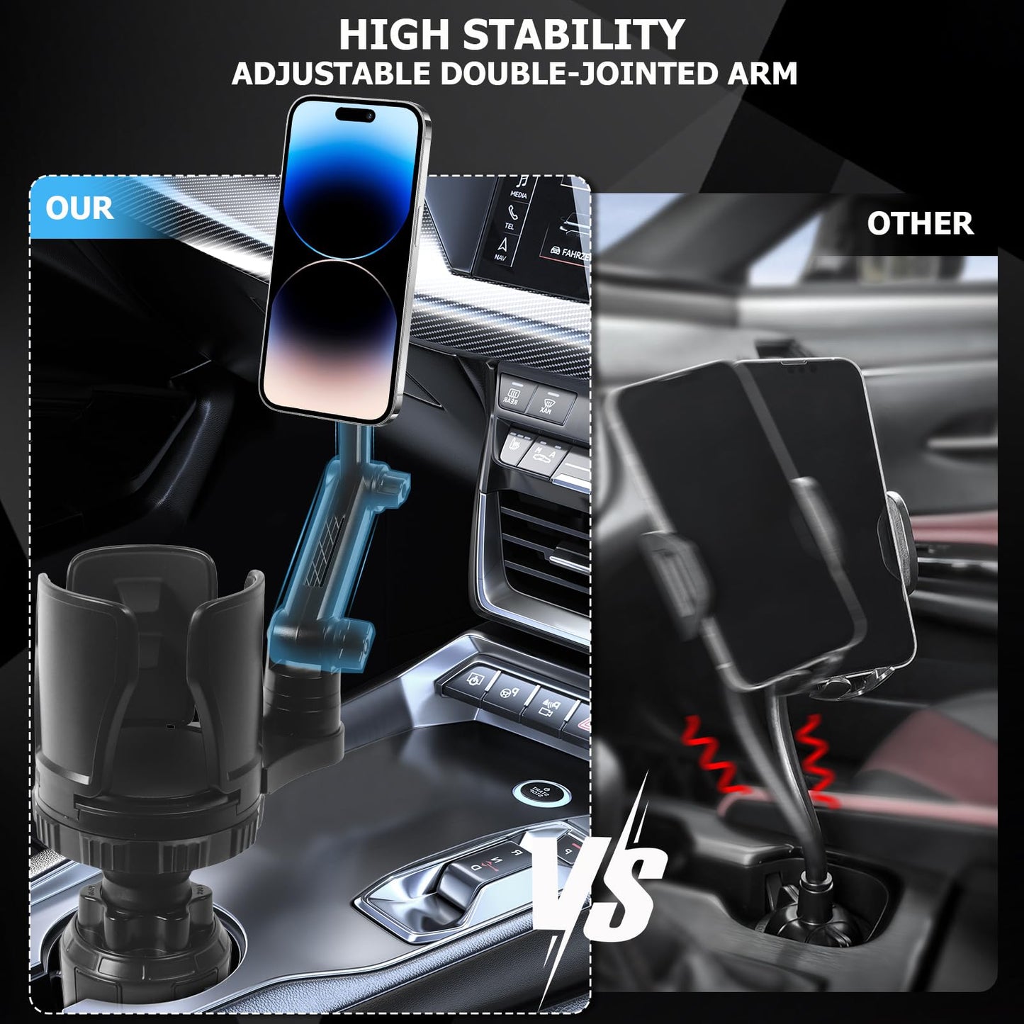 Frani Car Cup Holder Expander with Magnetic Phone Mount - Adjustable Insert Fits 2.68-4.33" Holders, 360° Adjustable Neck & Strong N52 Magnets