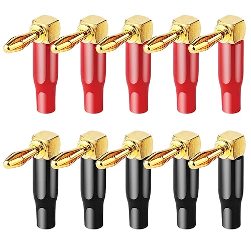 HRLORKC 10pcs Right Angle Speaker Plugs 4mm/0.16" 90 Degree Connector Right Angle Banana Plugs for Speaker Wire (Red and Black)