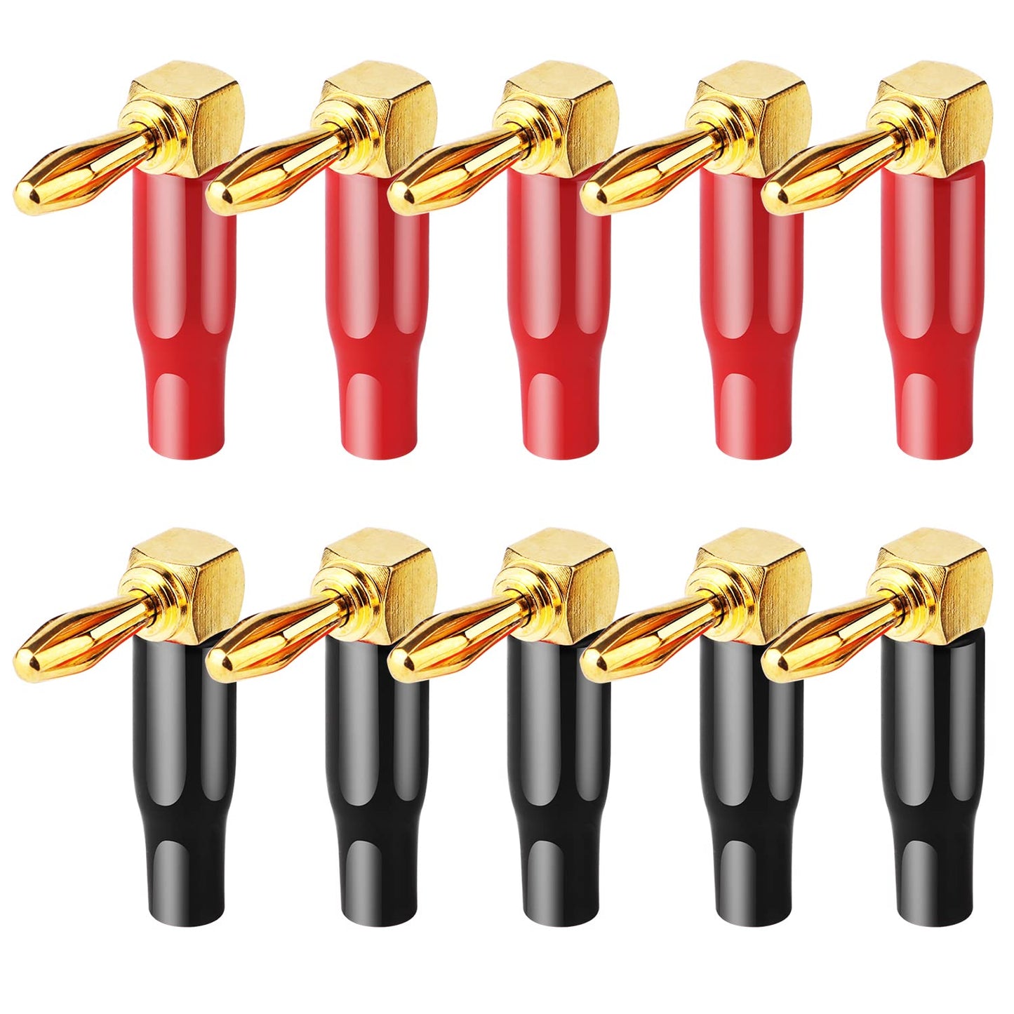 HRLORKC 10pcs Right Angle Speaker Plugs 4mm/0.16" 90 Degree Connector Right Angle Banana Plugs for Speaker Wire (Red and Black)