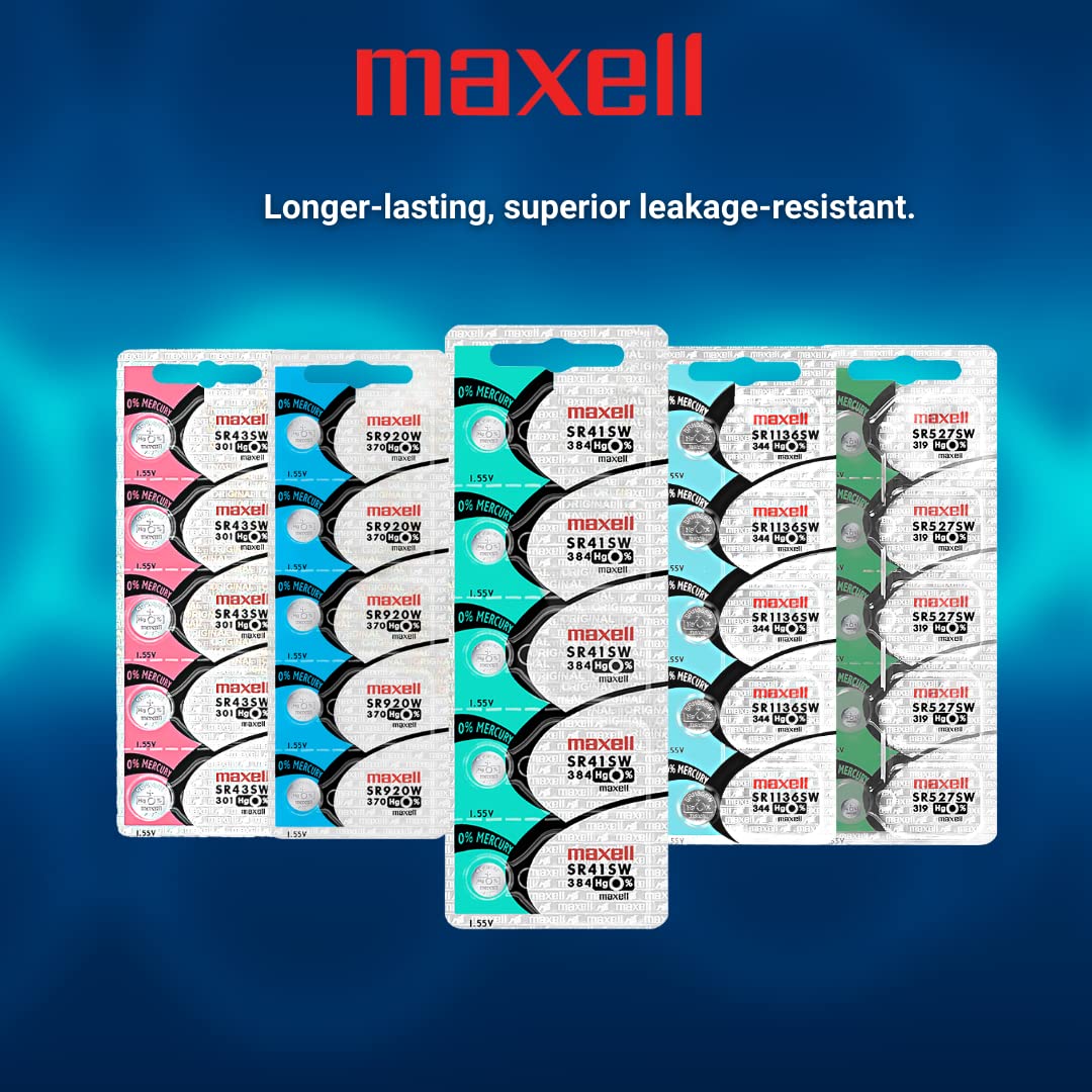 Maxell Watch Battery Button Cell SR41SW 384 Pack of 5 Batteries