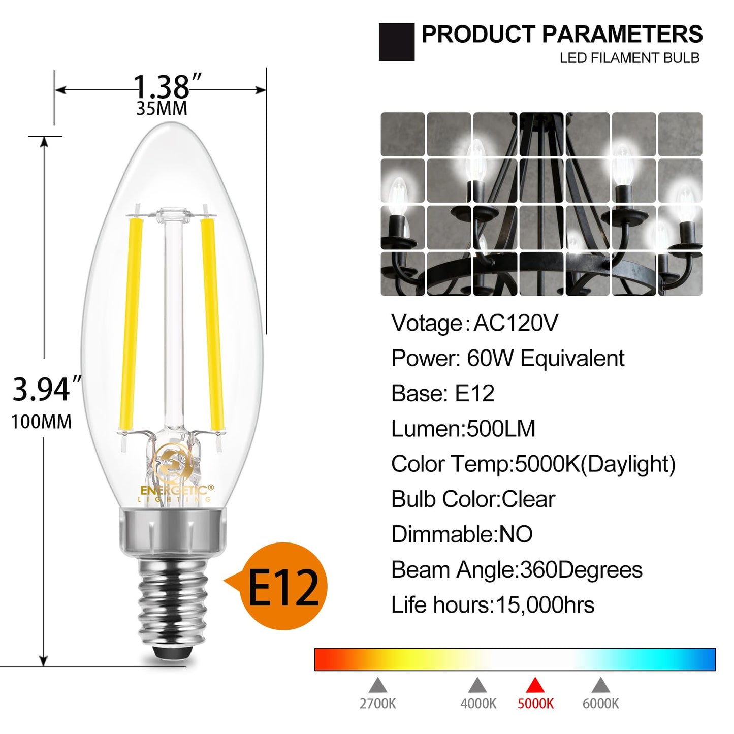 Energetic 6 Pack Dusk to Dawn LED Outdoor Light Bulb, 60 Watt Equivalent(5W), 500LM, Daylight 5000K, E12 Base, Automatic On/Off Sensor Edison Filament