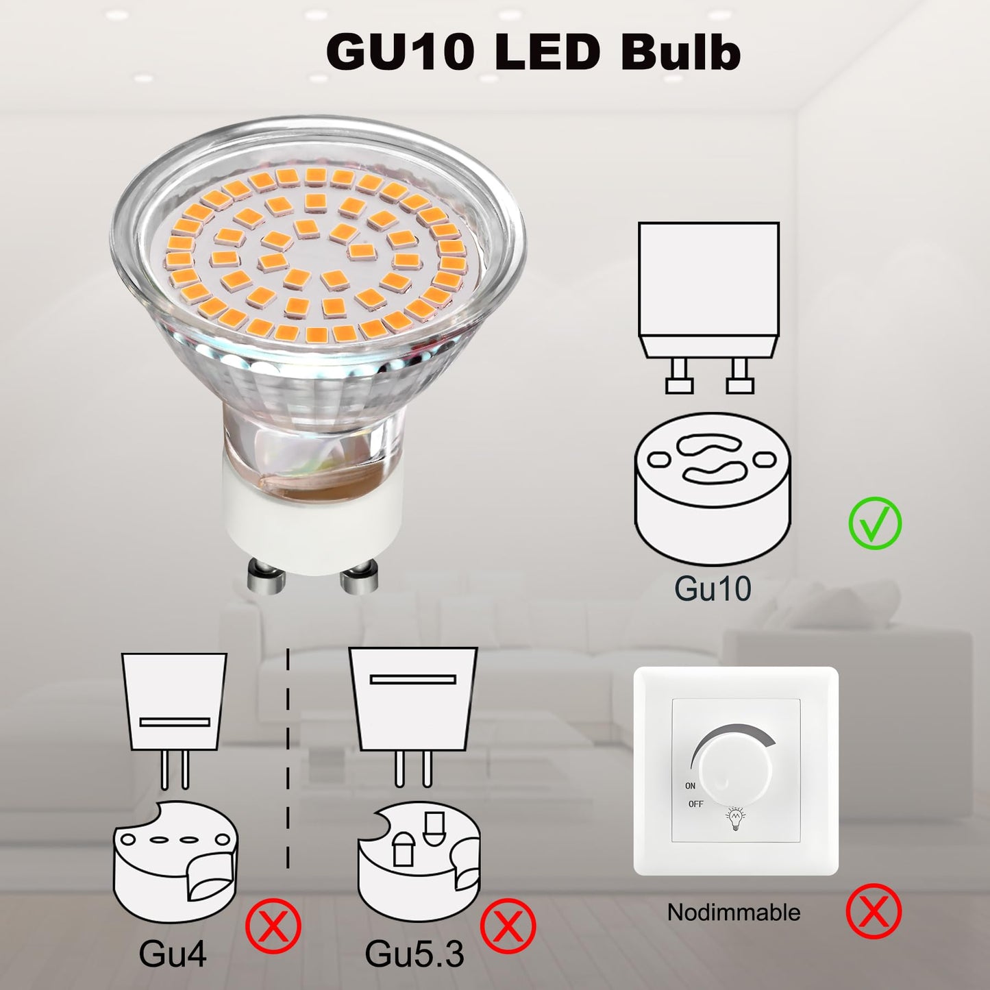 CQTLED GU10 LED Light Bulbs 5W,Daylight White 6000K 500LM,110-220V,120°Wide Angle,Replaces 50W Halogen Lamps,GU10 Bulb LED Recessed Track Light Bulb,6