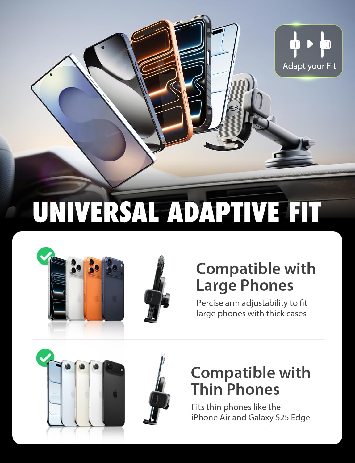 Bracketron TripGrip PRO Car Phone Holder Mount- Universal Phone Holders for Your Car with Telescopic Arm (3.5?-6.5?) for Windshield & Dashboard