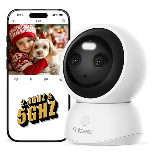 faleemi Dual Lens 2.4/5GHz WiFi Security Camera, 360° PTZ 2K Indoor Nanny Cams with Phone App, 2-Way Audio, Motion Tracking, Night Vision,