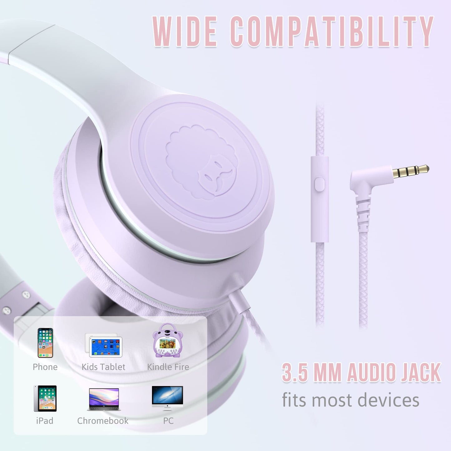 rockpapa L22 Wired Headphones for Kids Girls Boys Women with Microphone, Foldable Stereo 3.5mm Corded Headphones for School Classroom Chromebooks