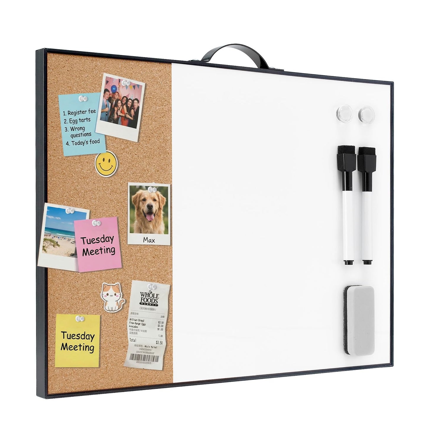 Small Cork Board Whiteboard Combo - 12" X 16" Portable Aluminum Black Framed Magnetic Dry Erase Board for Wall, Mini Bulletin CorkBoard with a Handle