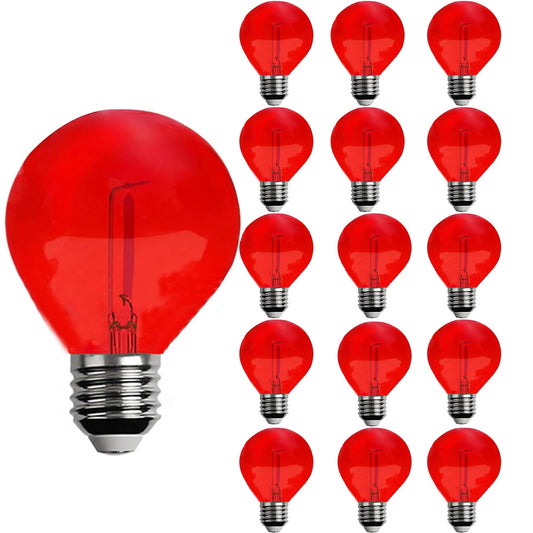 15 Pack G40 Plastic LED Replacement Light Bulbs 1W Shatterproof Red Color Filament Globe Bulbs E12 Candelabra Base Christmas Round Replacement Bulbs