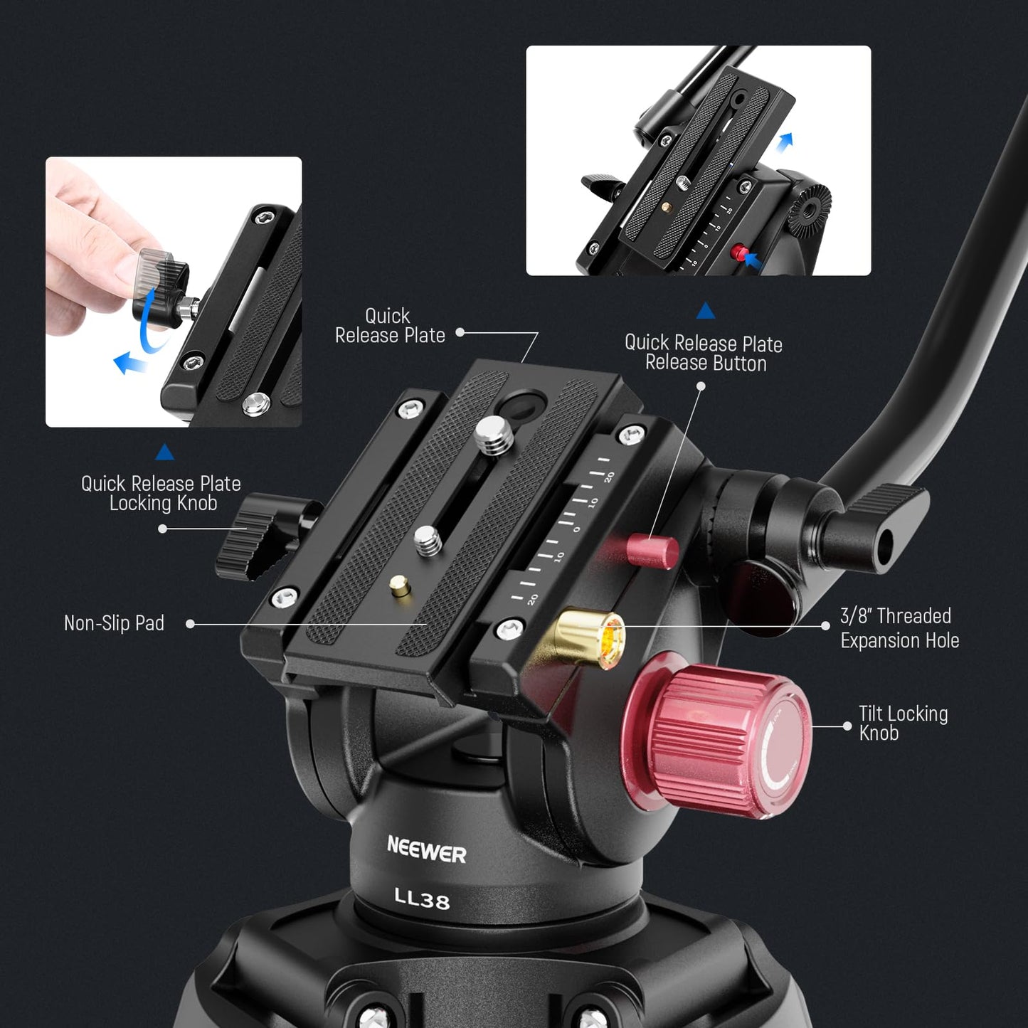 NEEWER 79"/2m Video Camera Tripod with Fluid Head, One Step Quick Release Aluminum Heavy Duty Tripod Stand with QR Plate Compatible with Canon Nikon