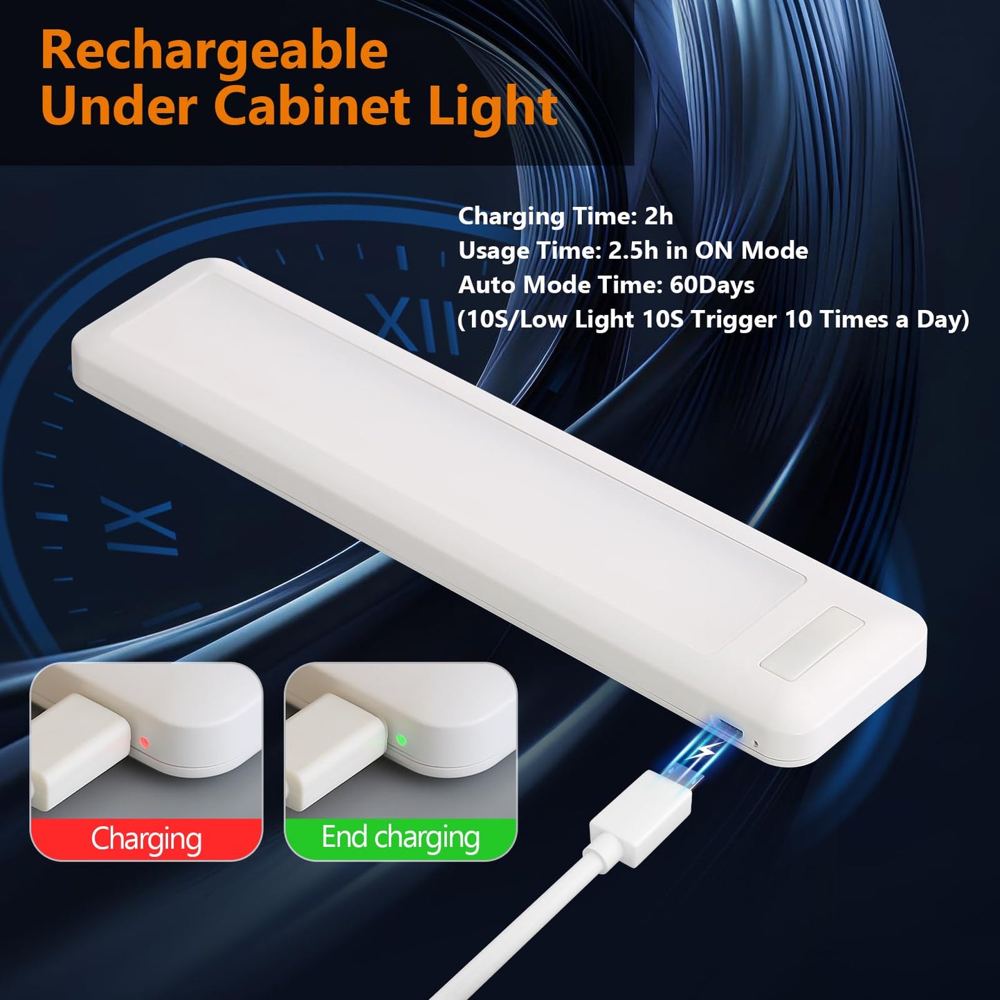 Dawnrise Under Cabinet Lights, 7.8 inch Motion Sensor Closet Light Indoor with Hook, Rechargeable Portable Lighting for Kitchen, Wardrobe, Closet