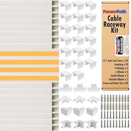 Cable Management Kit | 20 Pack x 15.7” PVC Wire Hider with Connectors | T & L Corners | Inside & Outside Corners | Screws | Paintable Wall Cord Cover