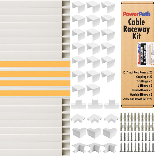 Cable Management Kit | 20 Pack x 15.7” PVC Wire Hider with Connectors | T & L Corners | Inside & Outside Corners | Screws | Paintable Wall Cord Cover