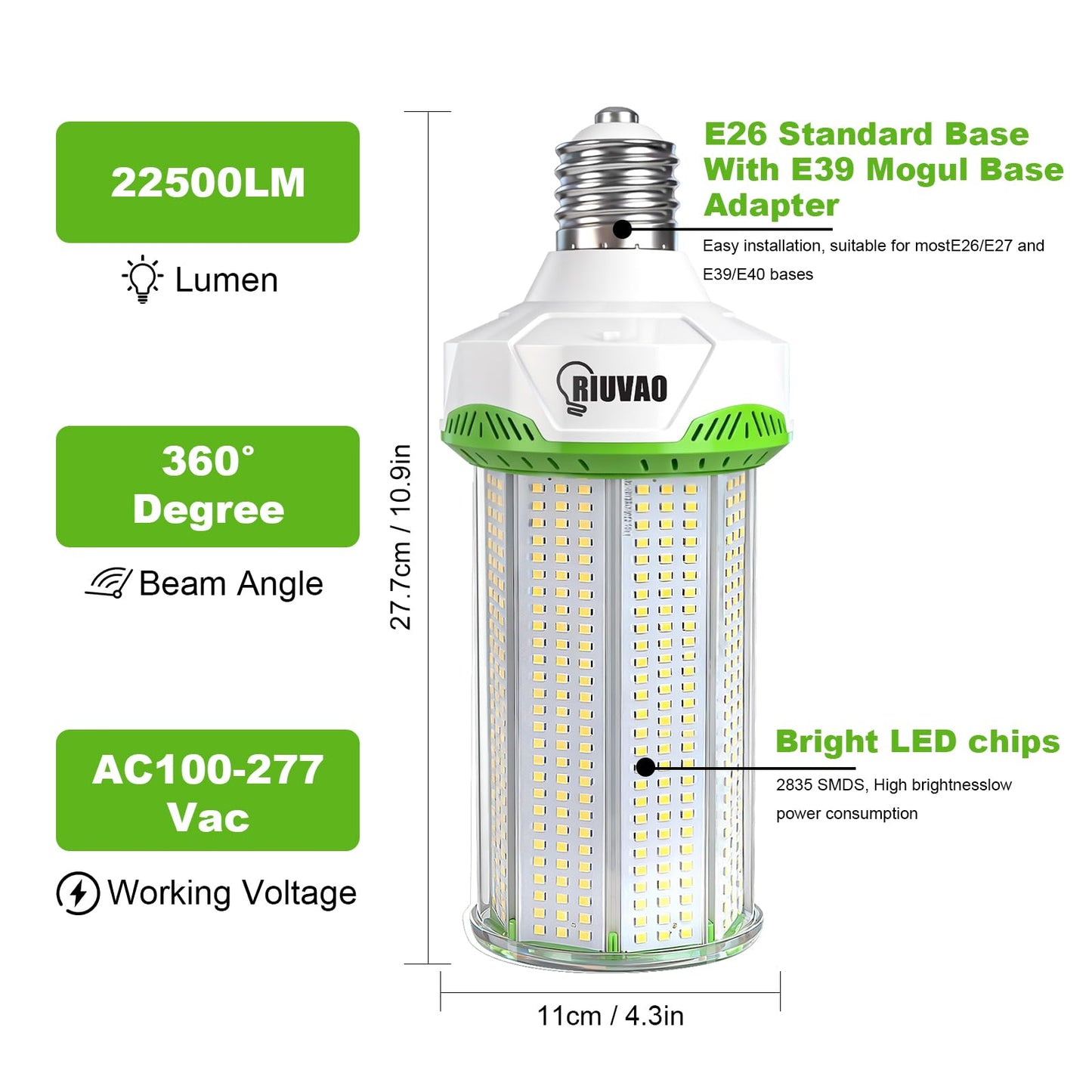RIUVAO 2-Pack 150W LED Corn Light Bulbs,5000K 22500lm,E26/E39 Base,1500W Equivalent LED Corn Light Bulbs for Commercial Industrial Lighting Warehouse