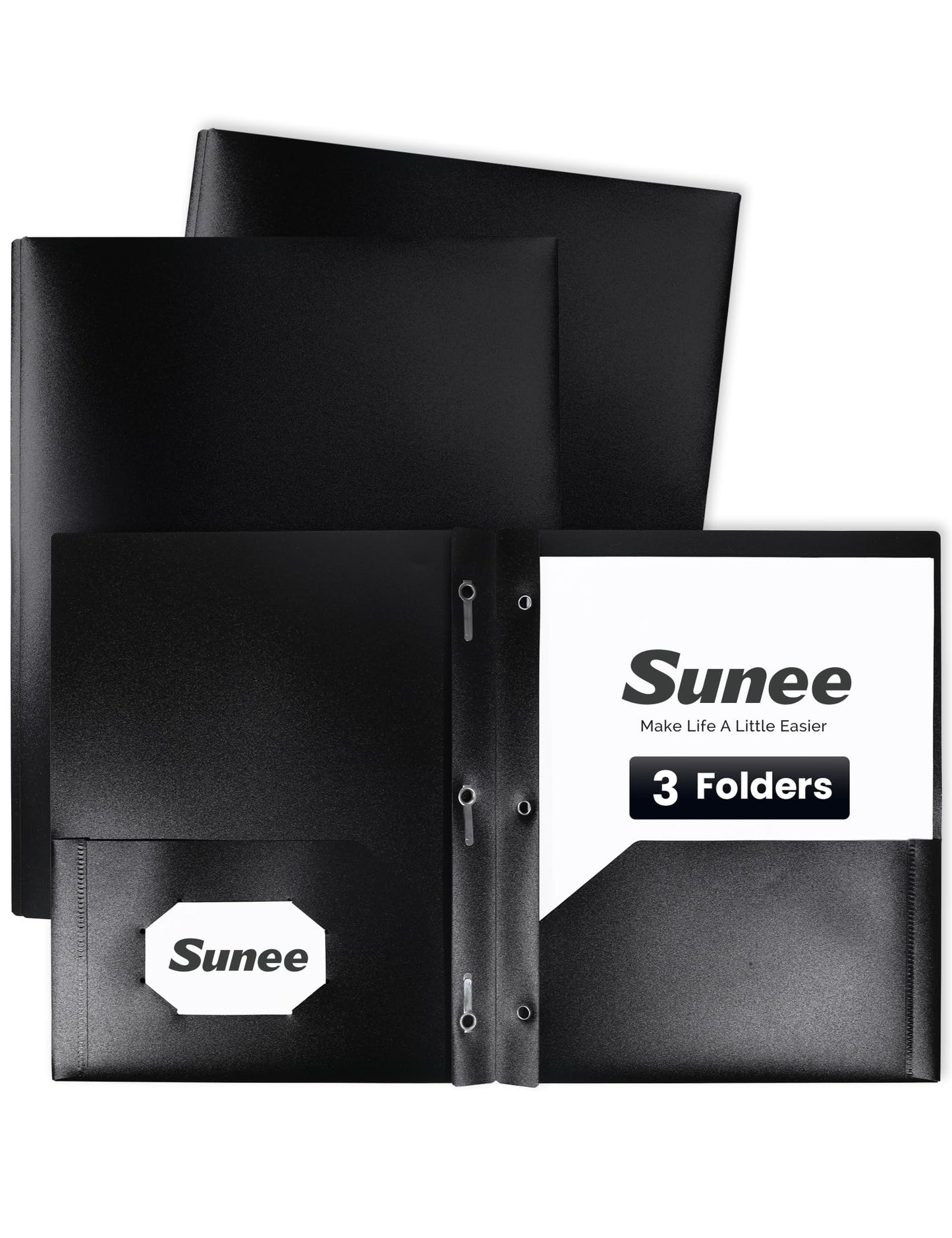 SUNEE 2 Pocket Folders with Prongs (3 Pack, Black) Plastic Folders with Pockets and Prongs Fit Letter Size, Poly Folders with Pockets for School