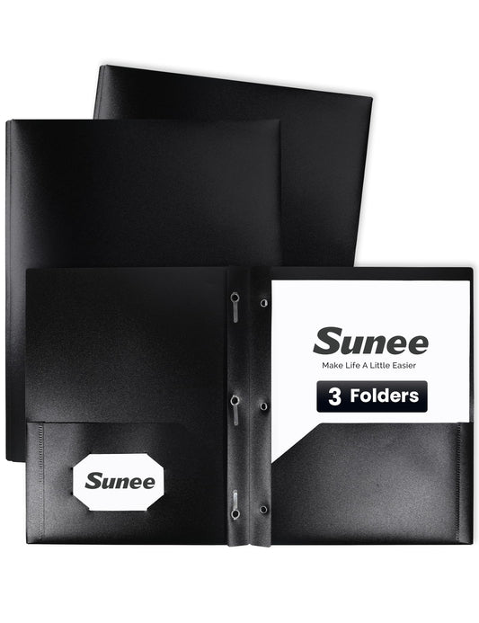 SUNEE 2 Pocket Folders with Prongs (3 Pack, Black) Plastic Folders with Pockets and Prongs Fit Letter Size, Poly Folders with Pockets for School