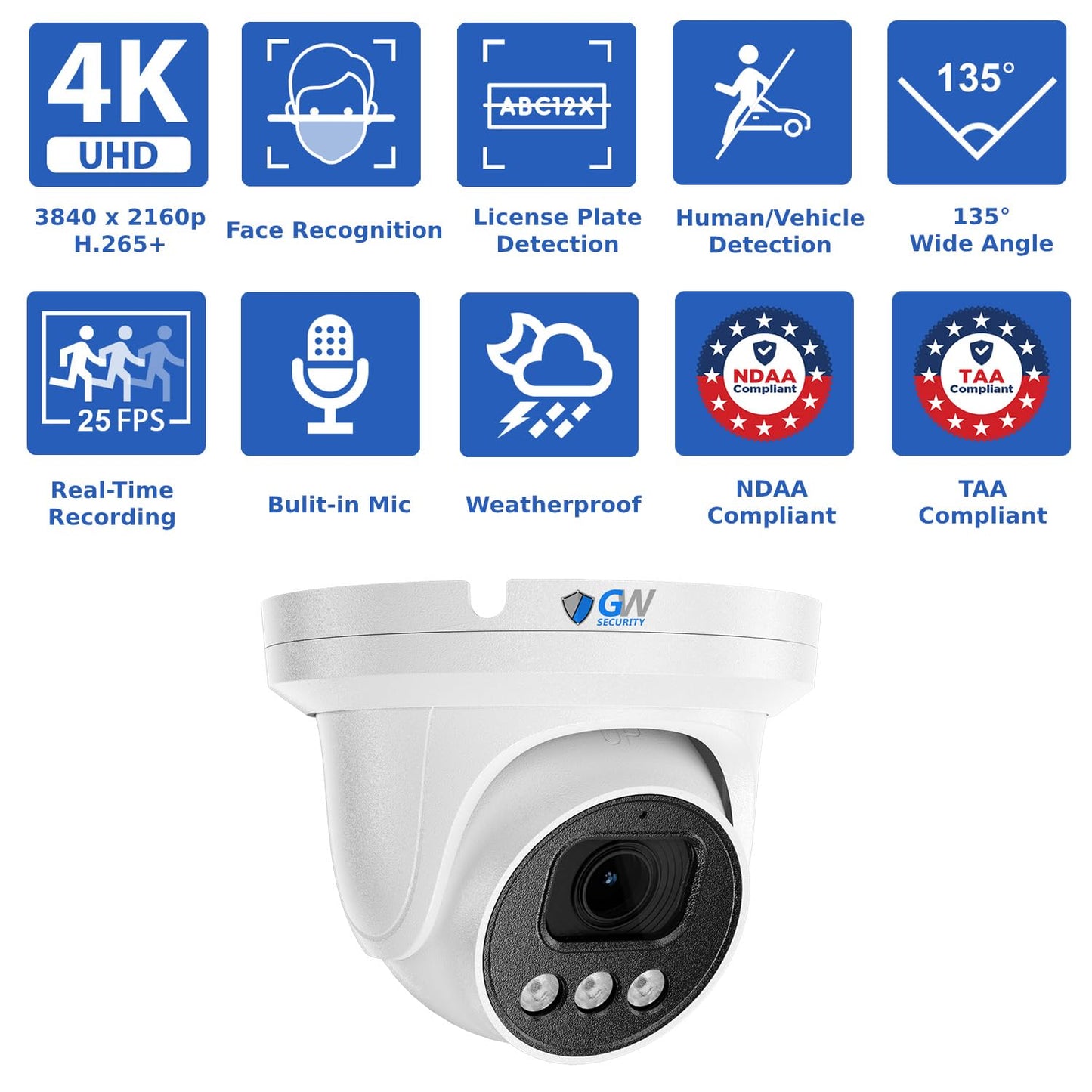 GW Security 8 Channel NVR UltraHD 4K Face Recognition NDAA & TAA Compliant Security Camera System with 8 x 8MP @25FPS Outdoor & Indoor PoE Turret