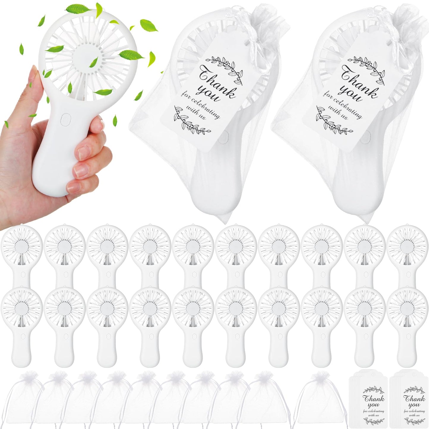 Mudder 20 Set Bulk Mini Fans for Wedding Guests 3 Speed Small Handheld Personal USB Wedding Travel Fan with Card Gift Bags for Bridal Party Gifts Baby