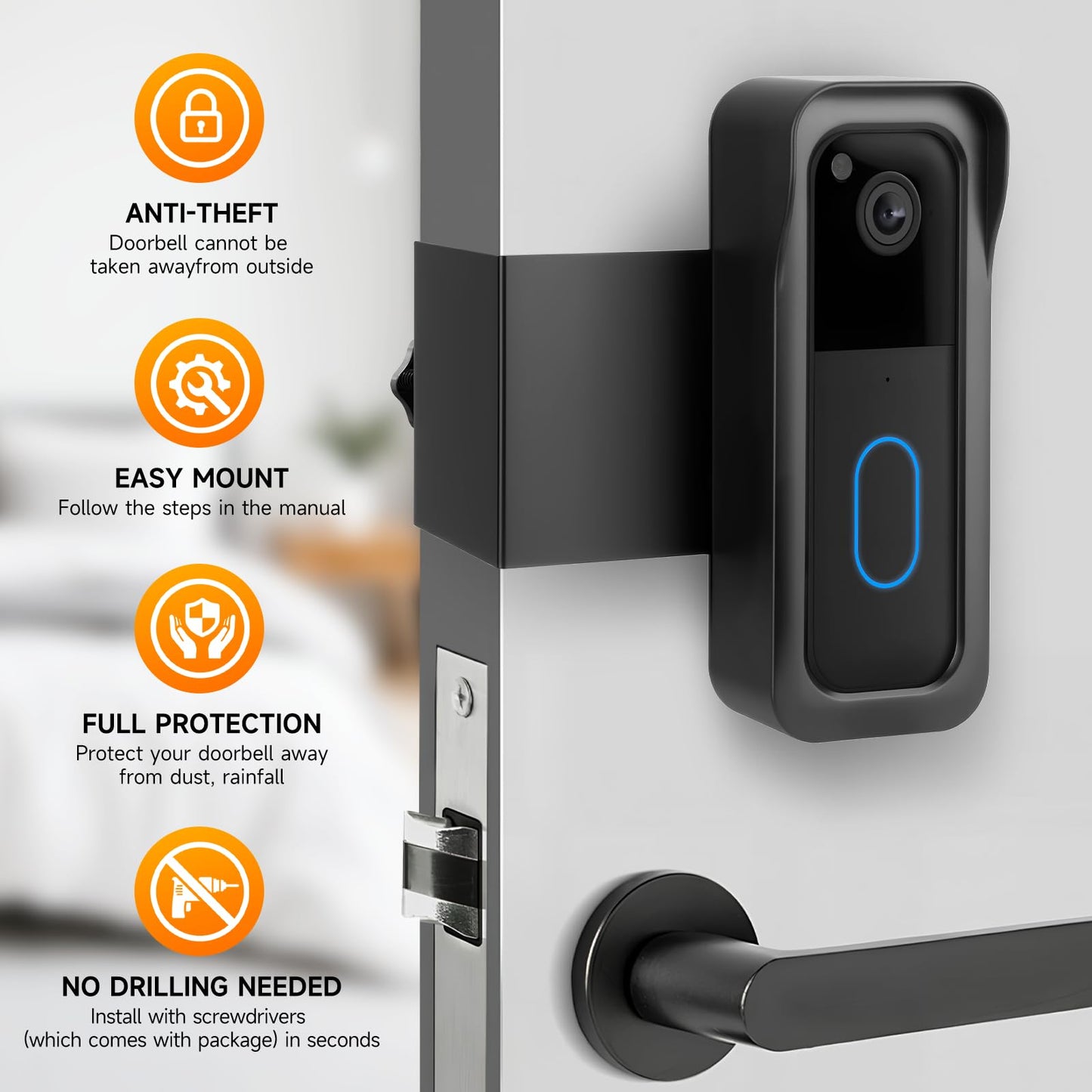 Blink Doorbell Mount, Anti-theft Metal Doorbell Camera Mount No Drilling with Rain Cover for Blink Video Doorbell 1st & 2nd Gen, No Block Sensor