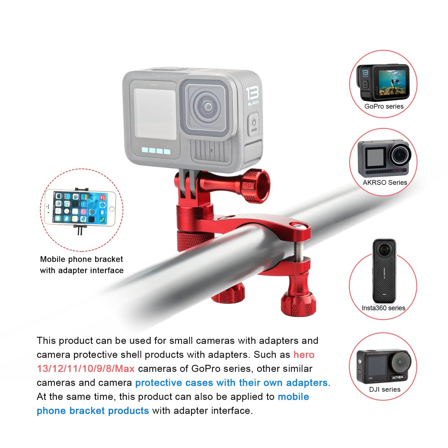 Forevercam Bike Handlebar Mount for Gopro Hero 13 12 11 10 9 8 DJI Osmo Insta360 AKASO and Other Action Camera Aluminum Bike/Motorcycle Mount