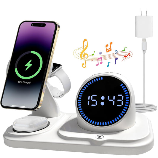 6-in-1 Wireless Charging Station with Bluetooth Speaker,Digital Clock and Ambient Lights,Fast Wireless Charger for for Multiple Devices for Apple