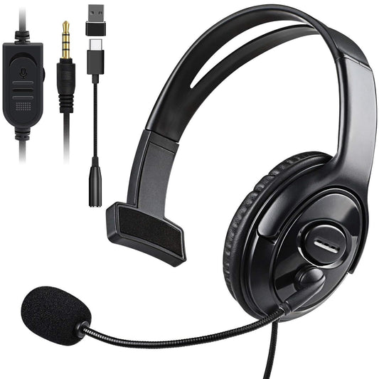 Wired Single Ear Headset with 3.5mm Jack & USB-C & USB-A Adapter for PS5, PS4, Xbox, Switch, PC, iPhone, iPad, Android - Unilateral Mono Headphone